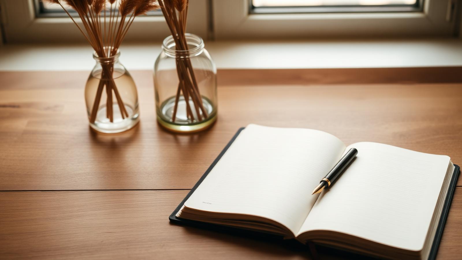 Cuaderno abierto con pluma sobre escritorio de madera