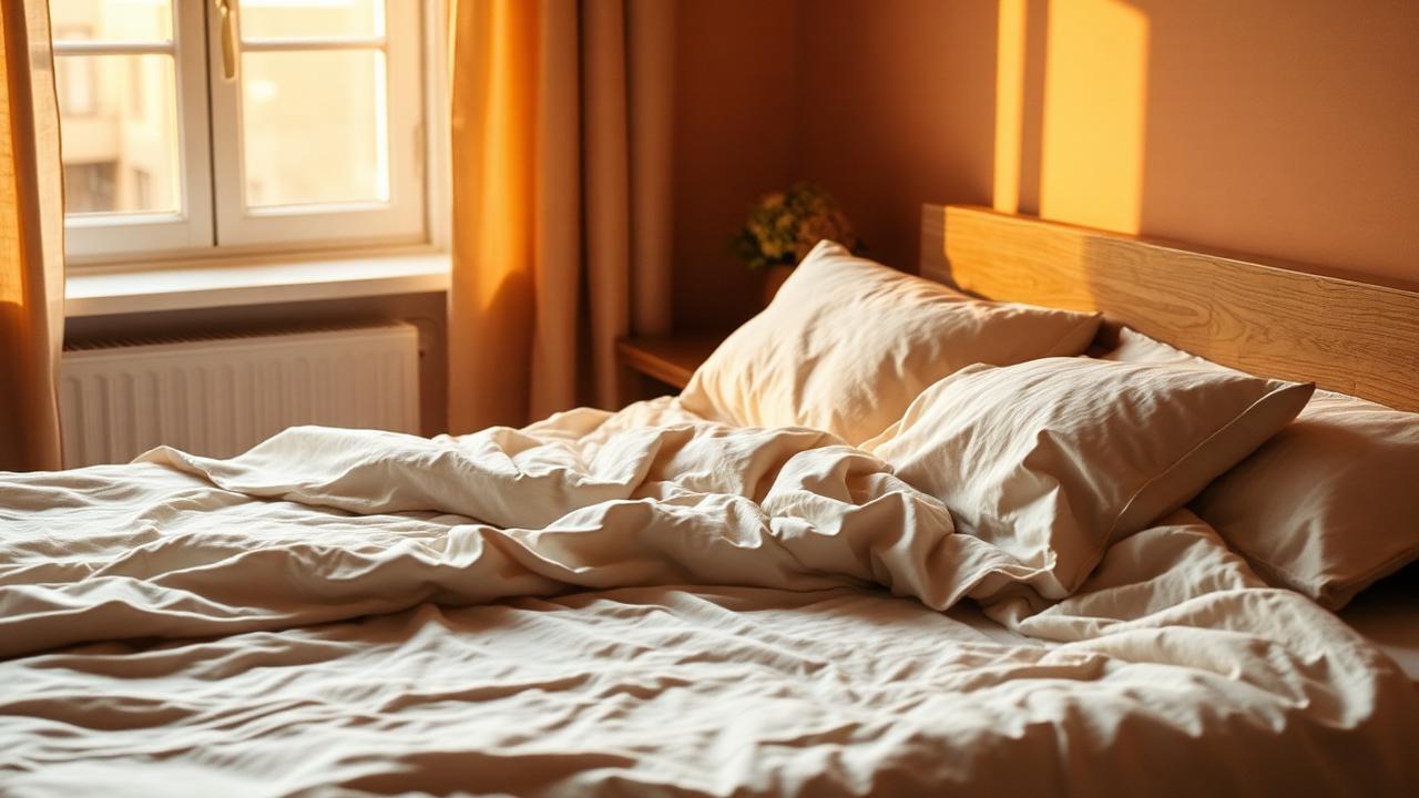 Cama sin hacer con luz del amanecer